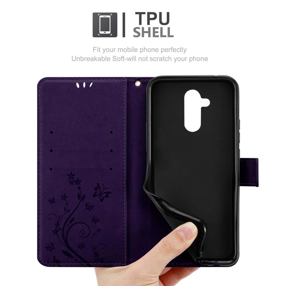 Una custodia per telefono viola aperta, che mostra il telefono all'interno, con un design floreale e le parole 'TPU SHELL'.