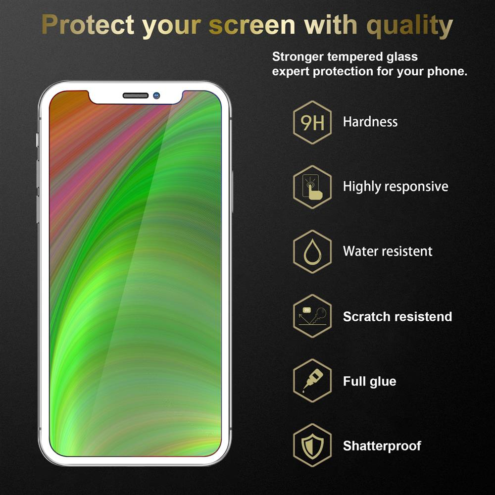 Uno smartphone con schermo colorato è sotto una protezione per lo schermo in vetro contrassegnata con funzioni.
