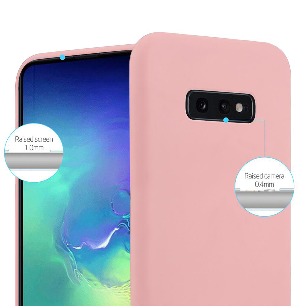 Una custodia per telefono rosa con schermo e fotocamera rialzati. Primo piano con etichette.