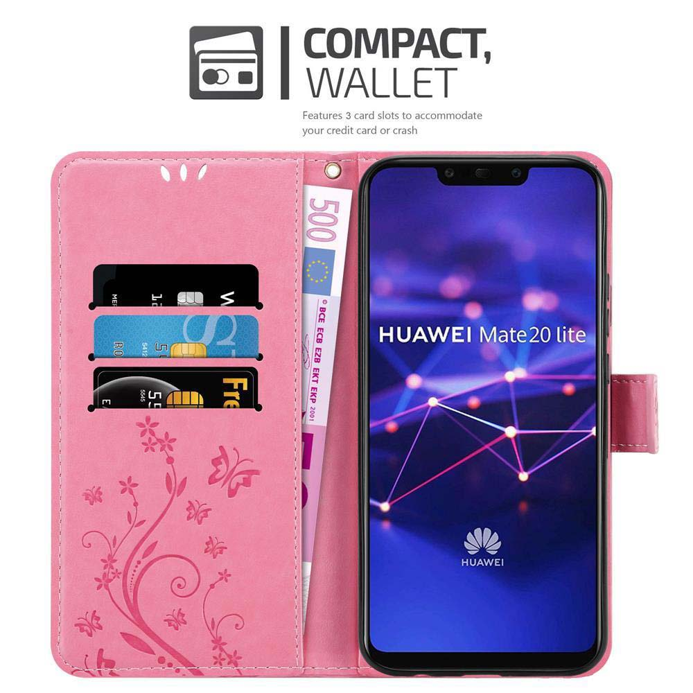 Custodia rosa per telefono con design a portafoglio. Ci sono fessure per carte, denaro e un telefono con il logo Huawei.