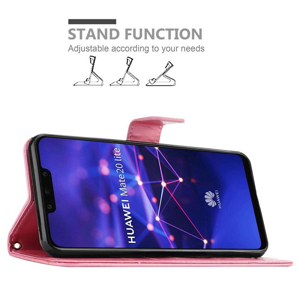 Custodia rosa con funzione stand, che tiene un telefono con schermo.