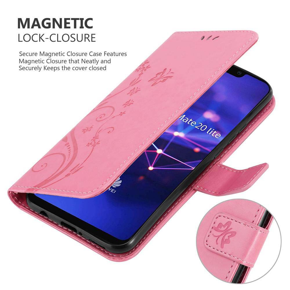 Custodia per telefono rosa con telefono all'interno. Chiusura magnetica. Decorata con motivi floreali. Sfondo bianco.