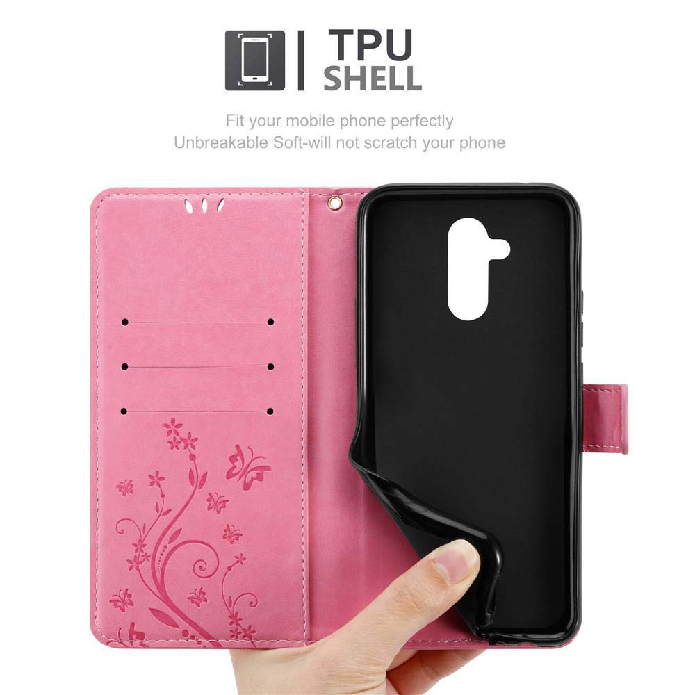Custodia per telefono rosa aperta. C'è un telefono dentro. Il testo dice Guscio TPU.