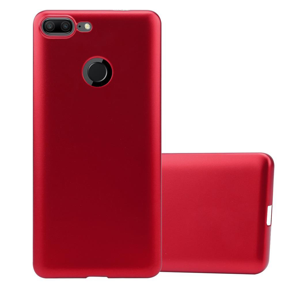 Funda roja con teléfono dentro. Dos lentes de cámara son visibles.