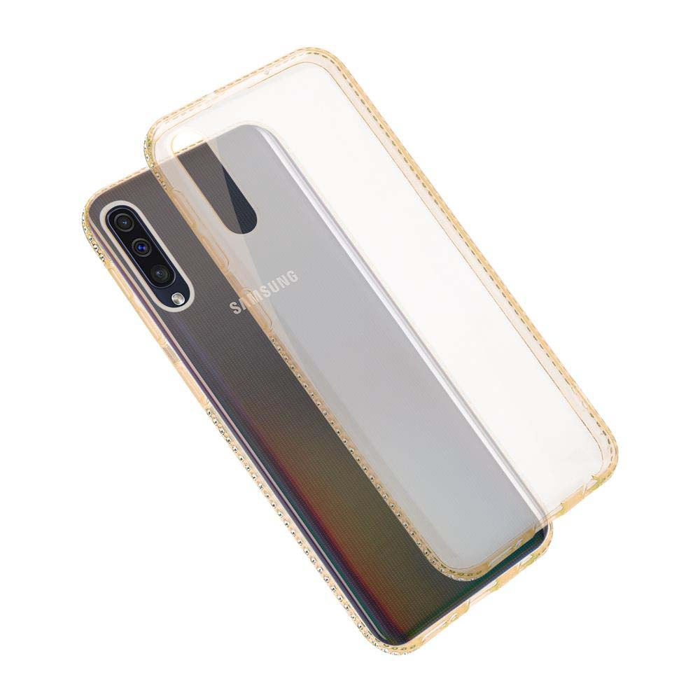 Ein Telefon mit einer durchsichtigen Hülle. Die Handyhülle ist über dem Telefon platziert, mit einem goldenen Umriss.