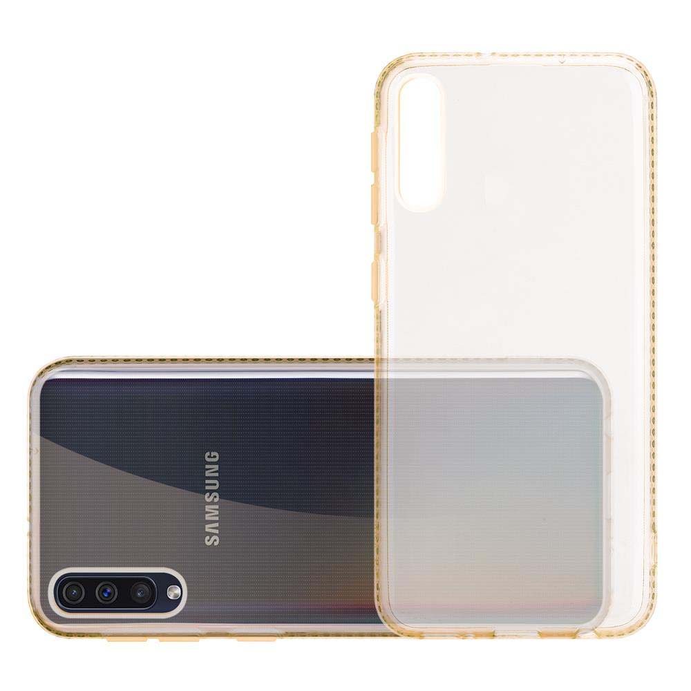 Eine transparente Handyhülle über einem schwarzen Samsung-Handy. Eine zweite Hülle ist sichtbar, die die Rückseite zeigt.