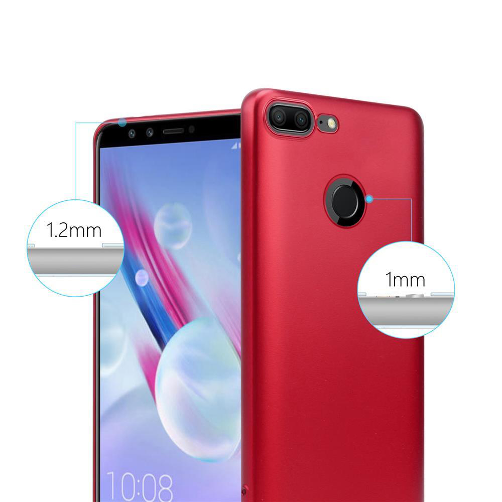 Funda roja para teléfono con recorte para cámara. El teléfono está a la izquierda. Fondo blanco.