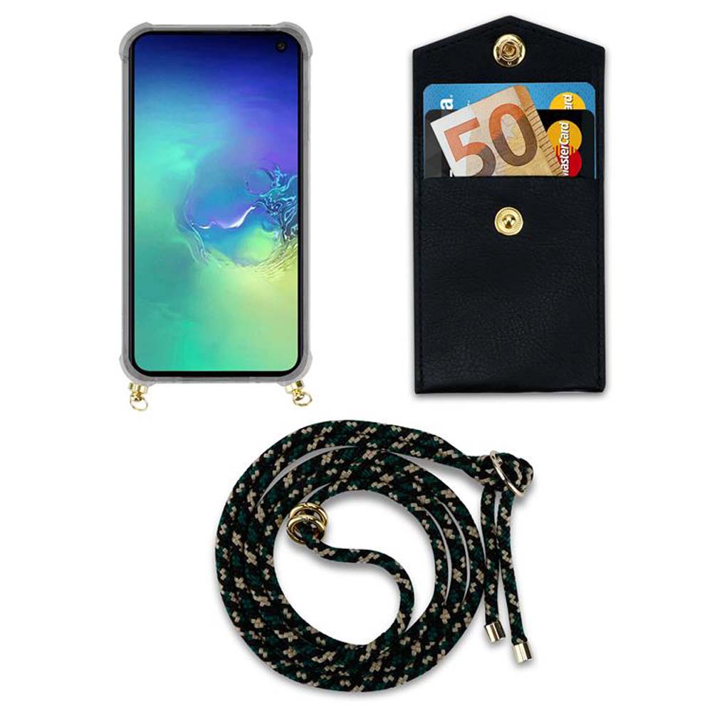 Telefono con cordino e portafoglio nero con carte e contanti. Il telefono ha un display.