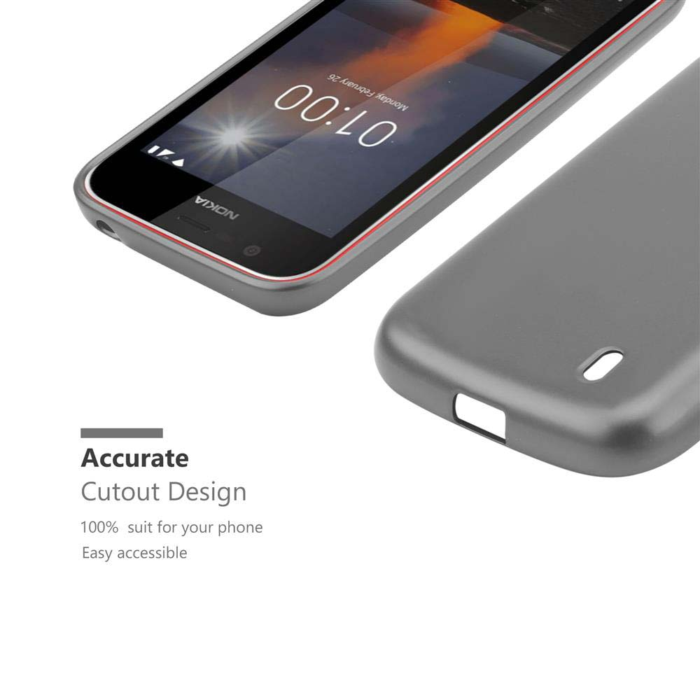 Telefono e custodia grigia. Il testo indica un design di ritaglio accurato per il telefono Nokia.