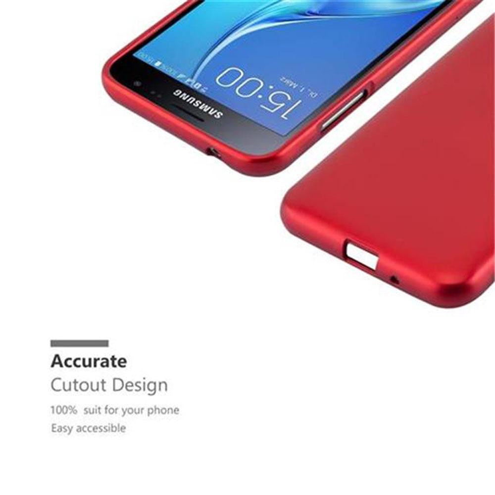 Funda de teléfono y teléfono rojos. La pantalla del teléfono es visible. Texto: Diseño de recorte preciso.