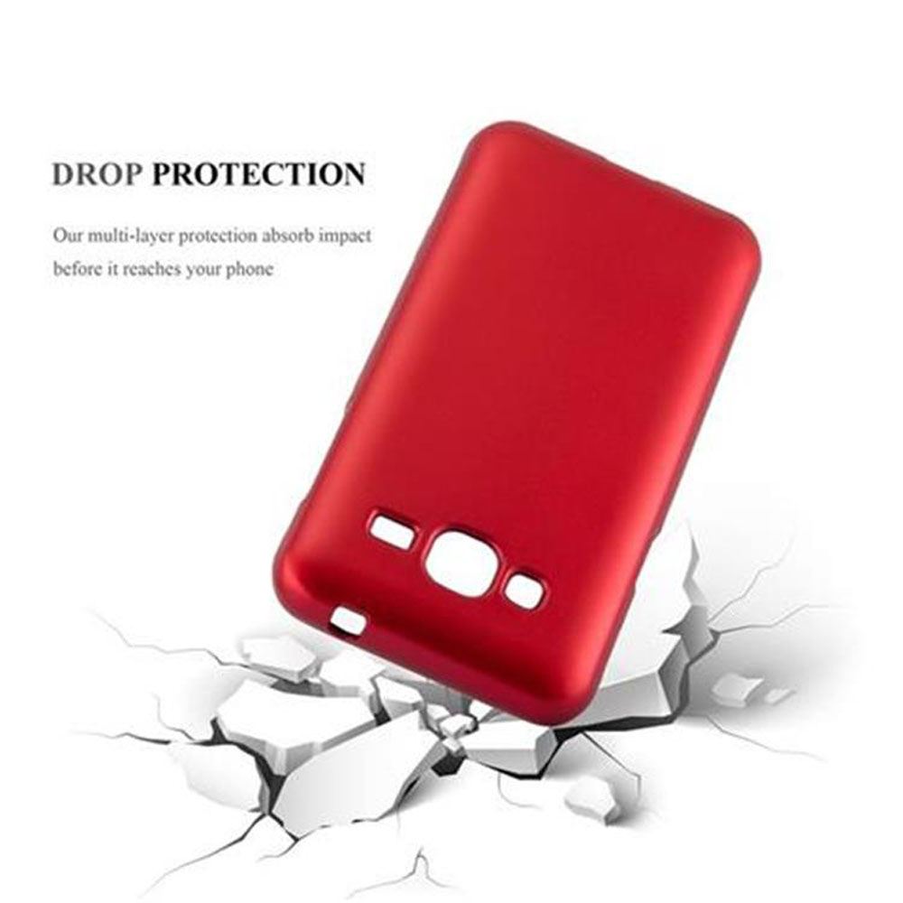 Una funda roja para teléfono rompe una superficie blanca. El texto dice 'protección contra caídas'.