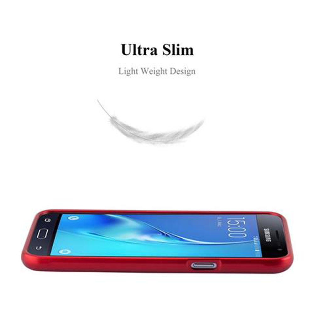Funda roja para teléfono con un teléfono dentro. Un gráfico de pluma está encima del teléfono. El texto dice 'Ultra Slim'.