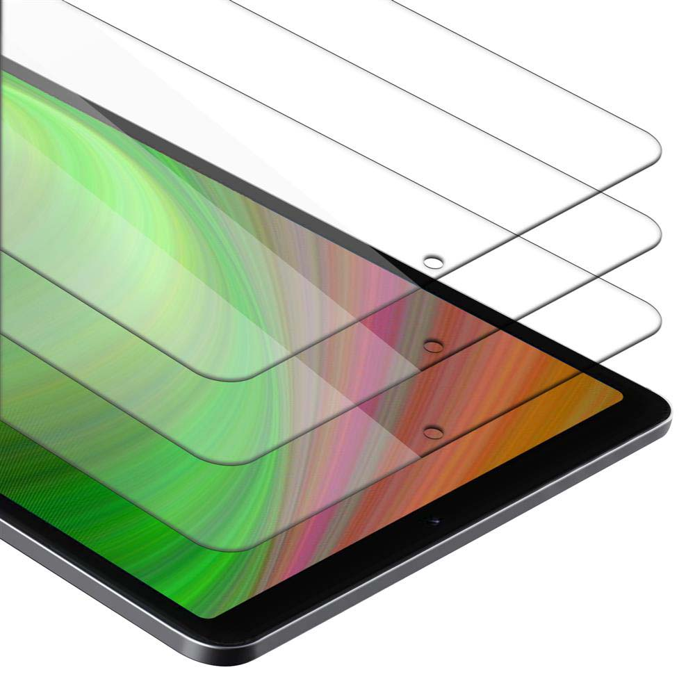 Tablet con protezioni per lo schermo. Tre protezioni trasparenti sono impilate sopra uno schermo del tablet.