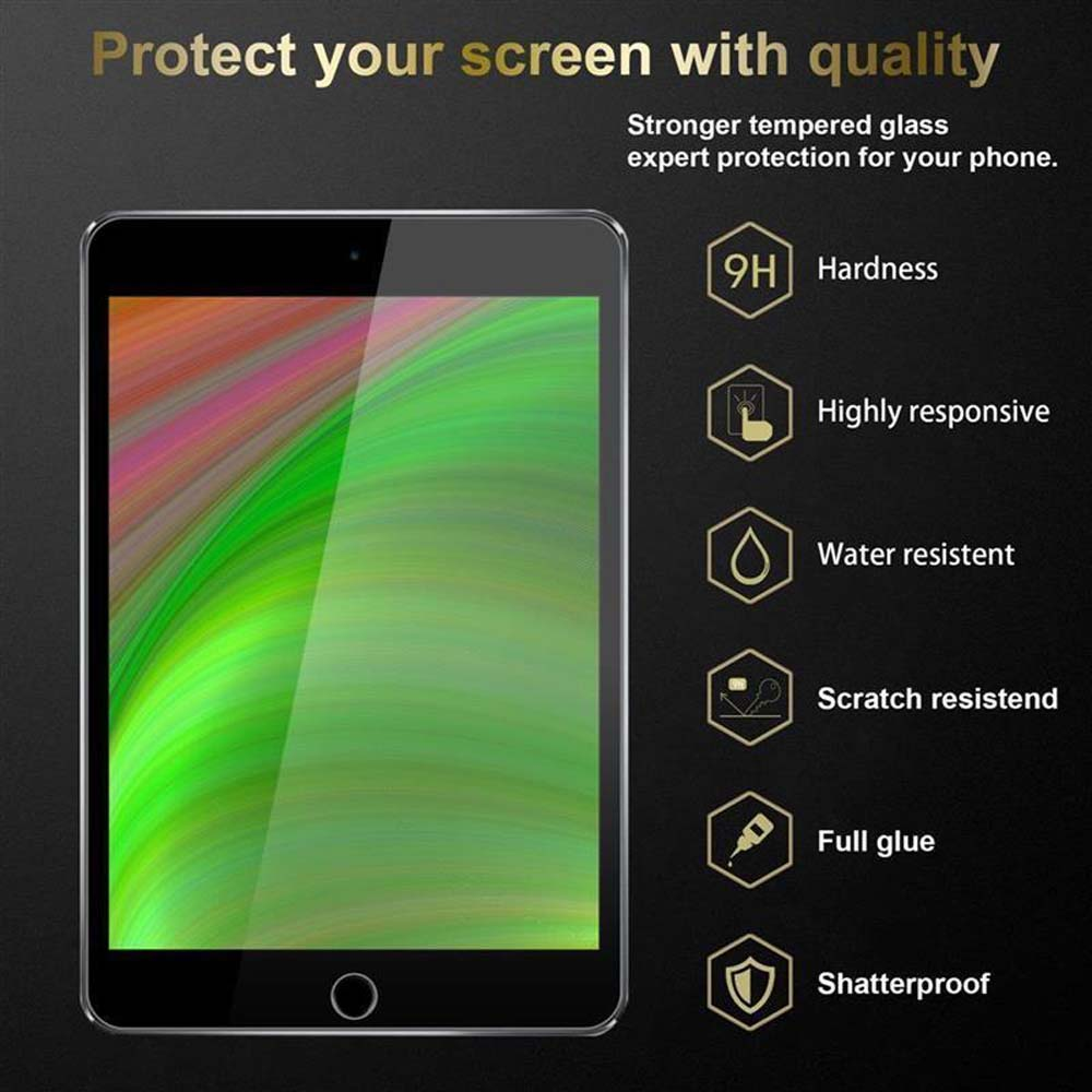 Una pantalla de tableta con una capa protectora y una lista de sus características.