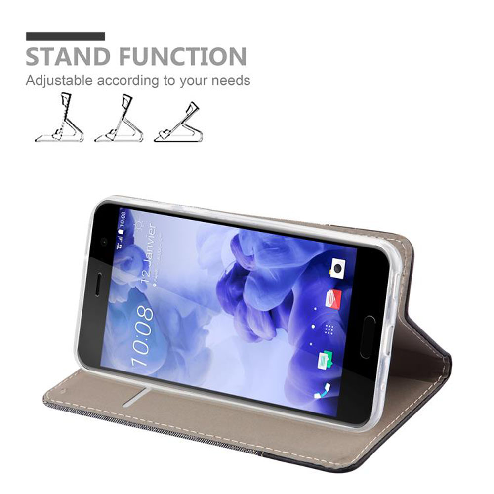 Telefono in una custodia con funzione stand. La custodia è aperta e puntellata. Viene mostrata anche la funzione stand.