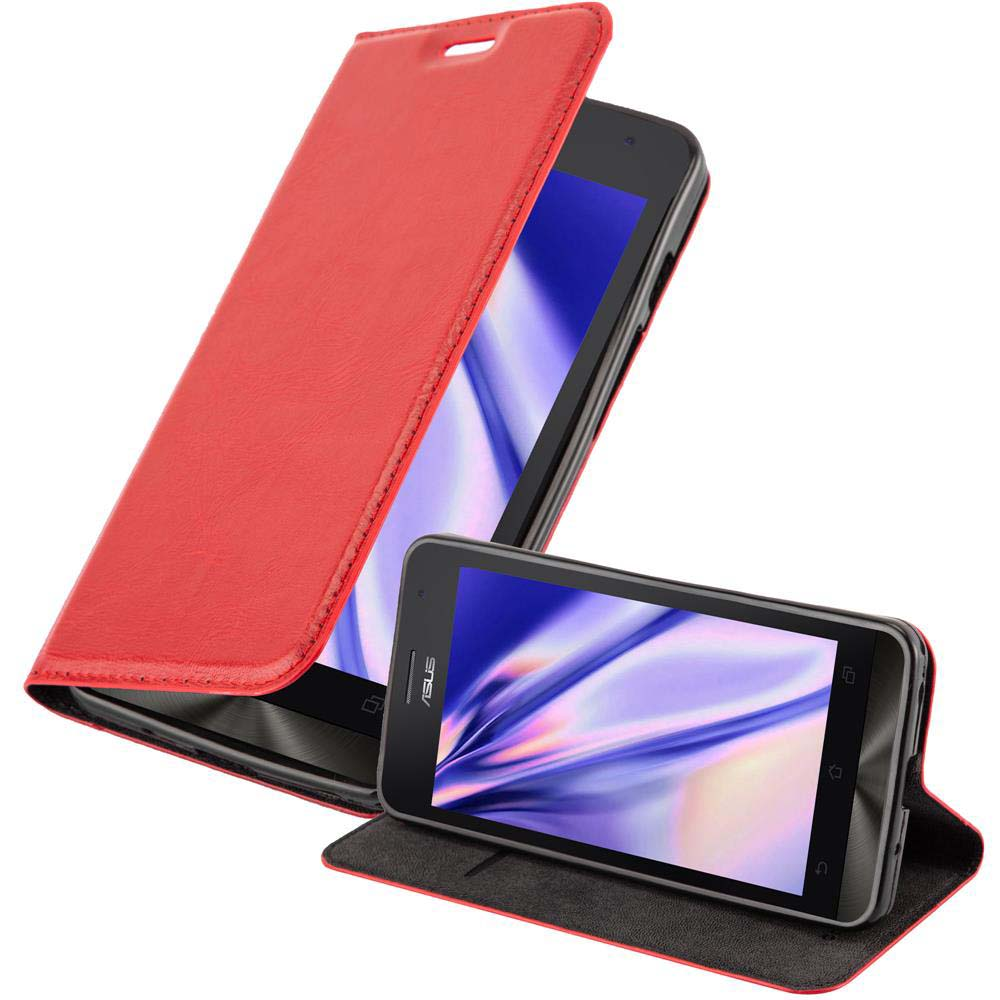 Eine rote Handyhülle ist geöffnet und zeigt ein Smartphone. Die offene Abdeckung ist nach links abgewinkelt, auf weißem Hintergrund.