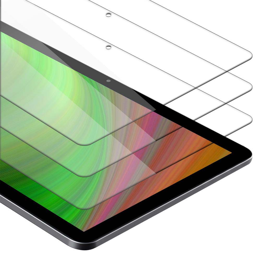 Tablet con protezioni schermo sopra. Lo schermo mostra gradienti verdi e arancioni. Protezioni trasparenti.