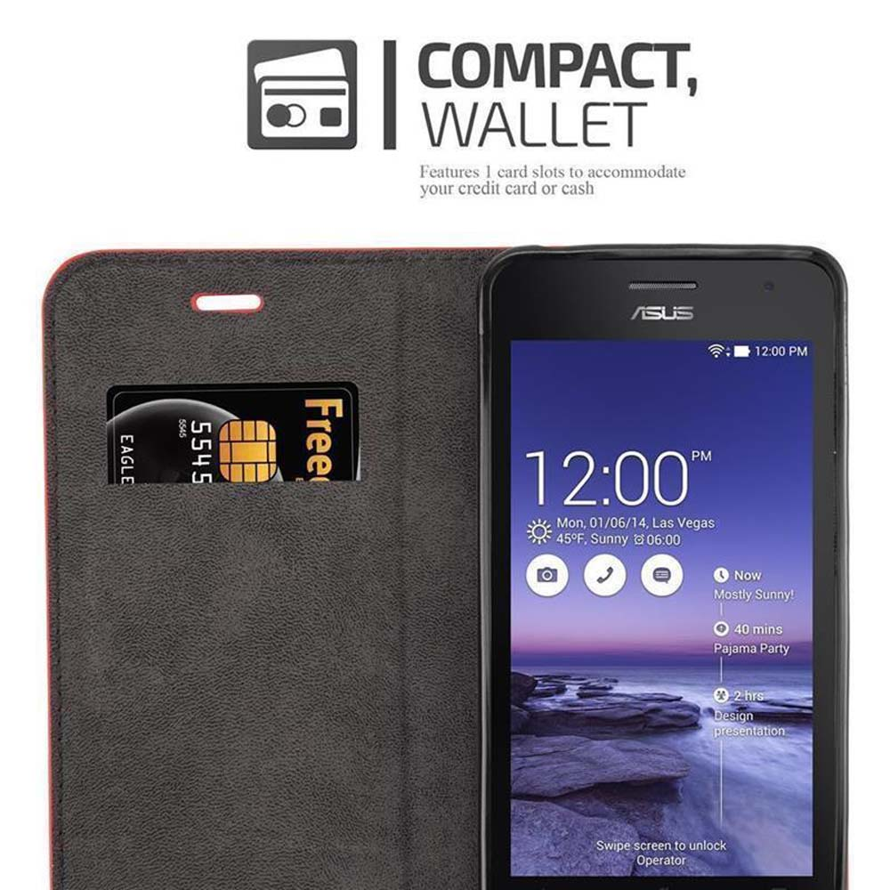 Schwarzes Telefon in einer Brieftasche. Eine Karte mit dem Wort Free ist sichtbar.