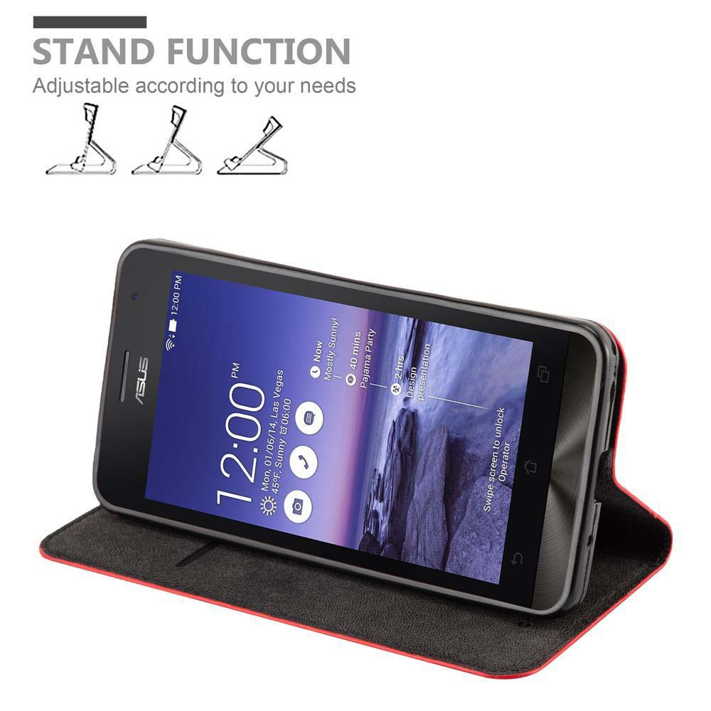 Telefon in einer Hülle, offen. Die Hülle hat eine Standfunktion. Der Bildschirm zeigt Zeit und Kalender.