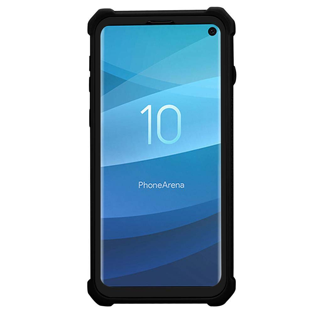 Un telefono nero all'interno di una custodia nera, angolato verso lo spettatore.