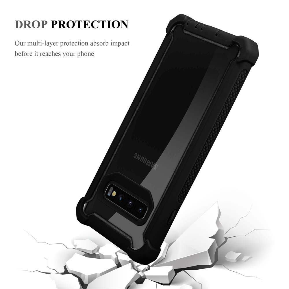 Telefono nero in custodia nera. Il design della custodia mostra protezione. Il telefono è su un terreno crepato.