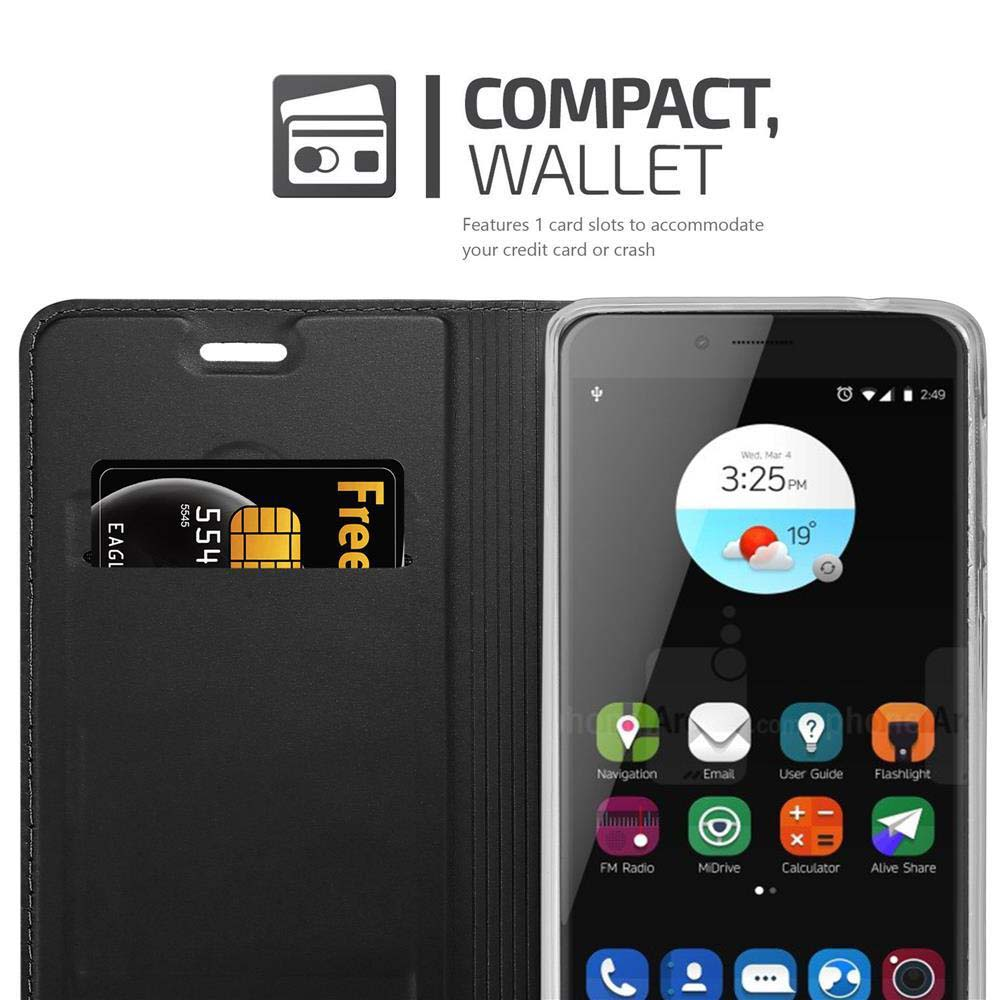 Uno smartphone in una custodia a portafoglio con una carta e l'ora visualizzata sullo schermo.