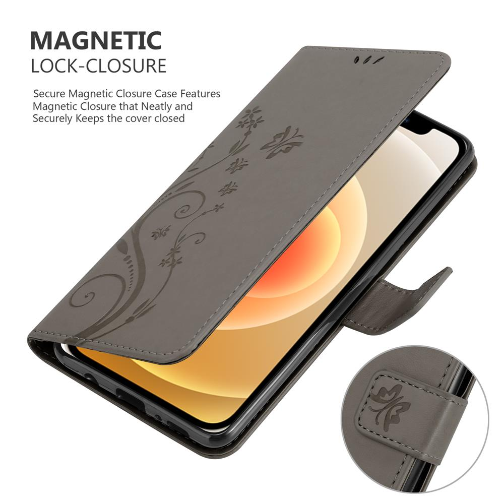 Custodia aperta con telefono dentro. Grigio con design floreale e chiusura magnetica.