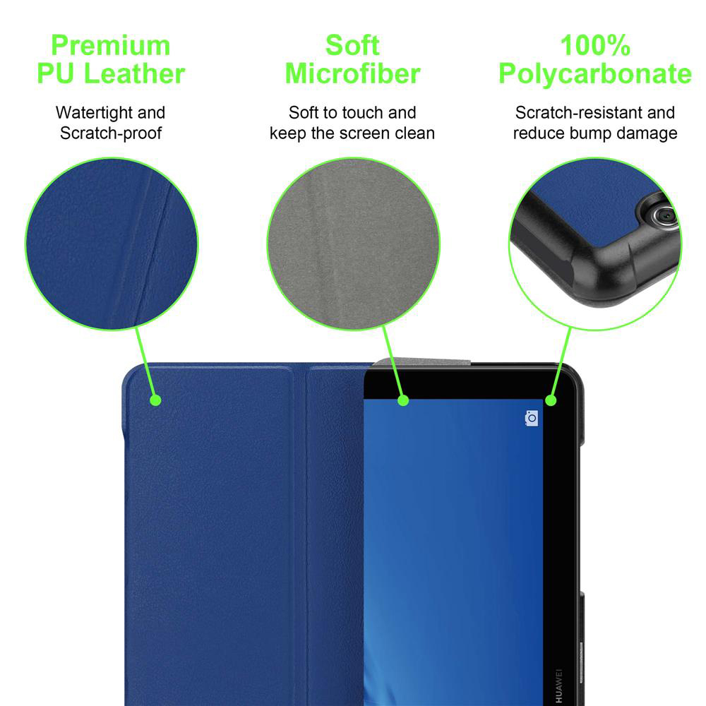 Blaue Tablet-Hülle mit Beschriftungen: Premium PU-Leder, weiche Mikrofaser und 100% Polycarbonat. Weißer Hintergrund.