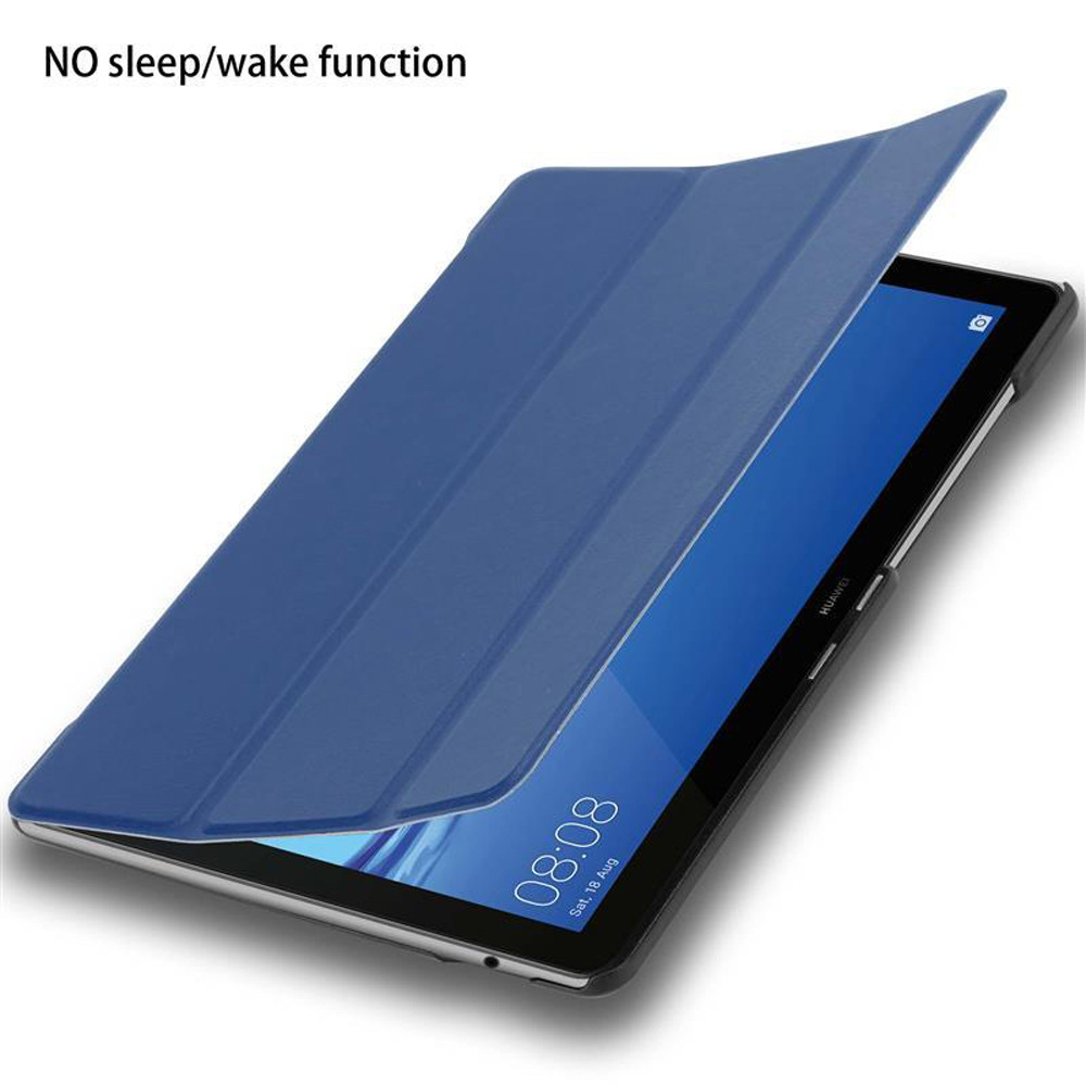 Blaues Tablet mit teilweise geöffnetem Cover, Bildschirm sichtbar.