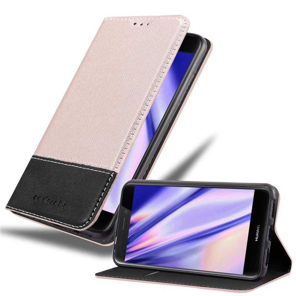 Funda de teléfono beige y negra con el teléfono dentro. La funda está abierta. Tiene un logotipo al frente.