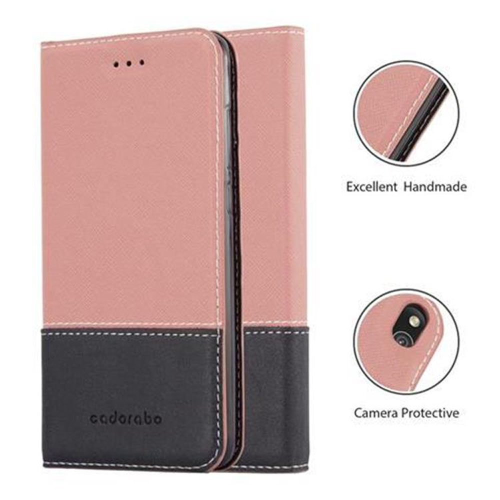 Una funda de teléfono rosa y negra con tapa plegable, mostrando detalles como costuras y un recorte para la cámara.