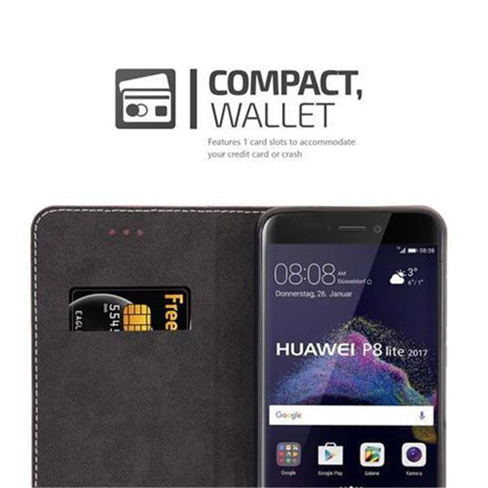 Un teléfono en una funda de cartera con ranura para tarjetas de crédito y pantalla del teléfono.