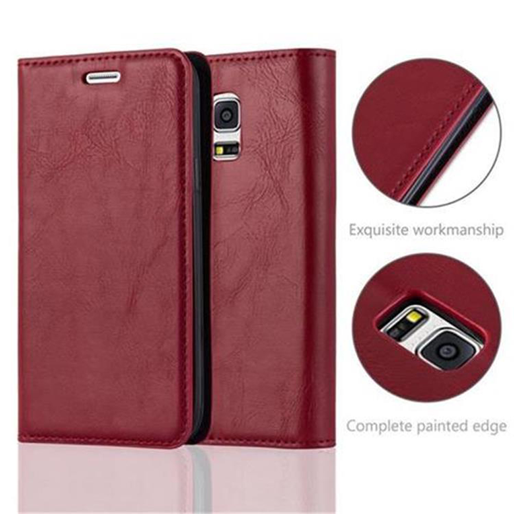 Rote Leder-Handyhülle mit Details von Nähten und Nahaufnahme.