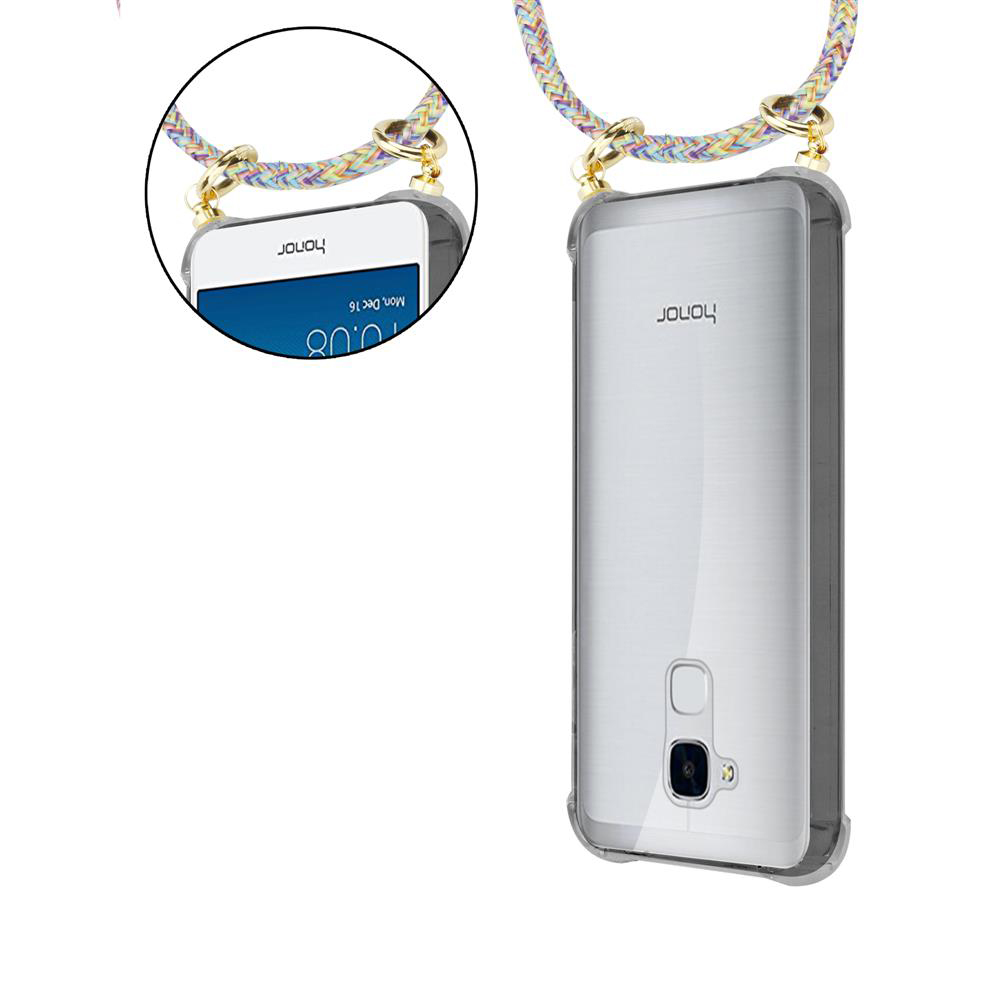 Eine Handyhülle mit einem bunten Band. Das Telefon befindet sich in der Hülle und trägt die Marke Honor.