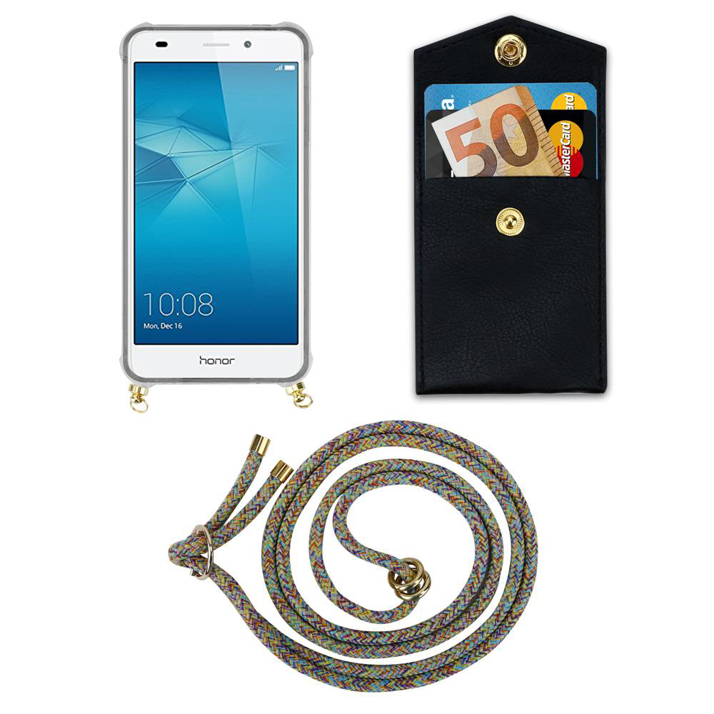 Schwarze Handyhülle mit Halsband, einem Telefon und einigen Karten. Das Telefon zeigt 10:08.