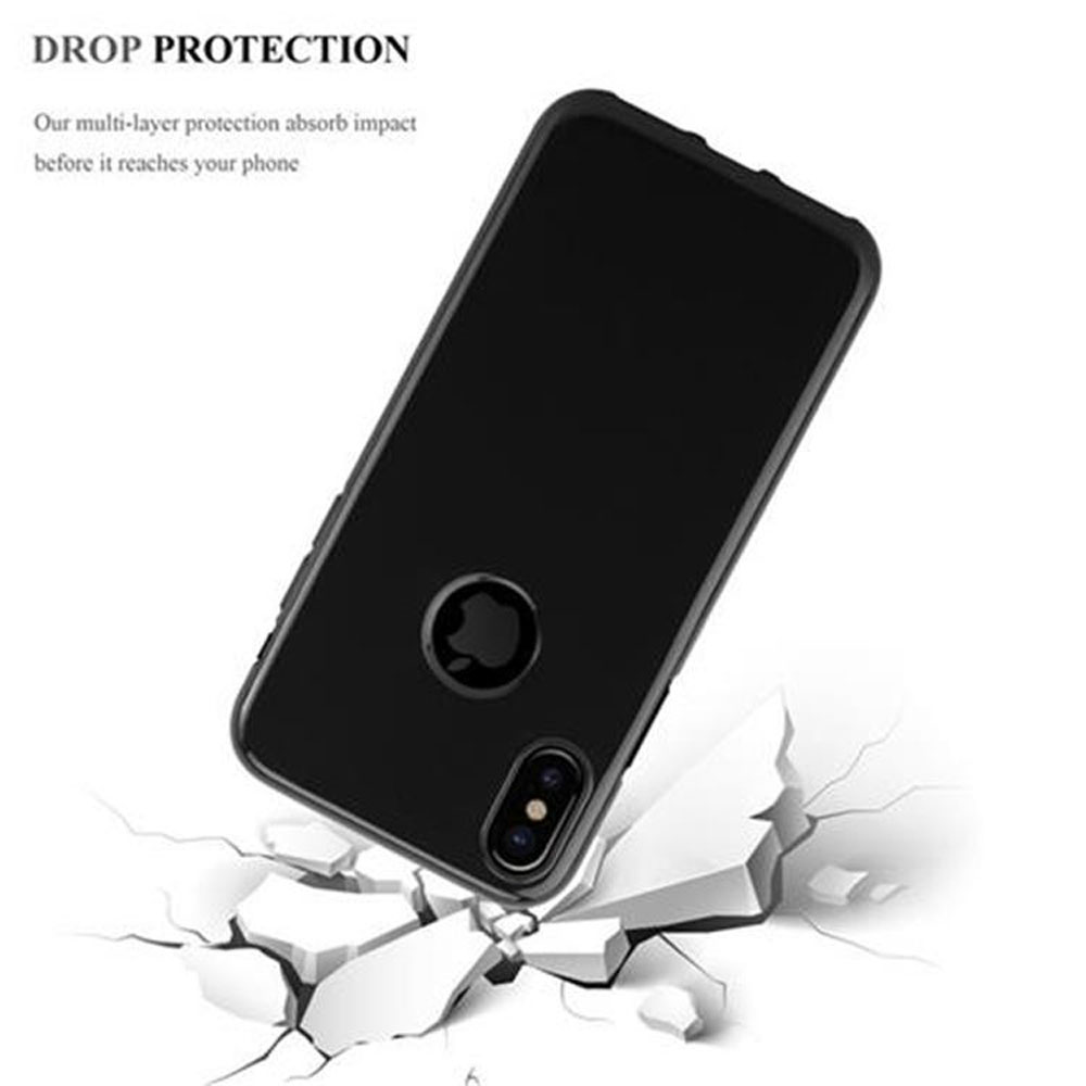 Custodia nera per telefono su terreno crepato. Testo di protezione dalle cadute in alto. La custodia ha un logo Apple.