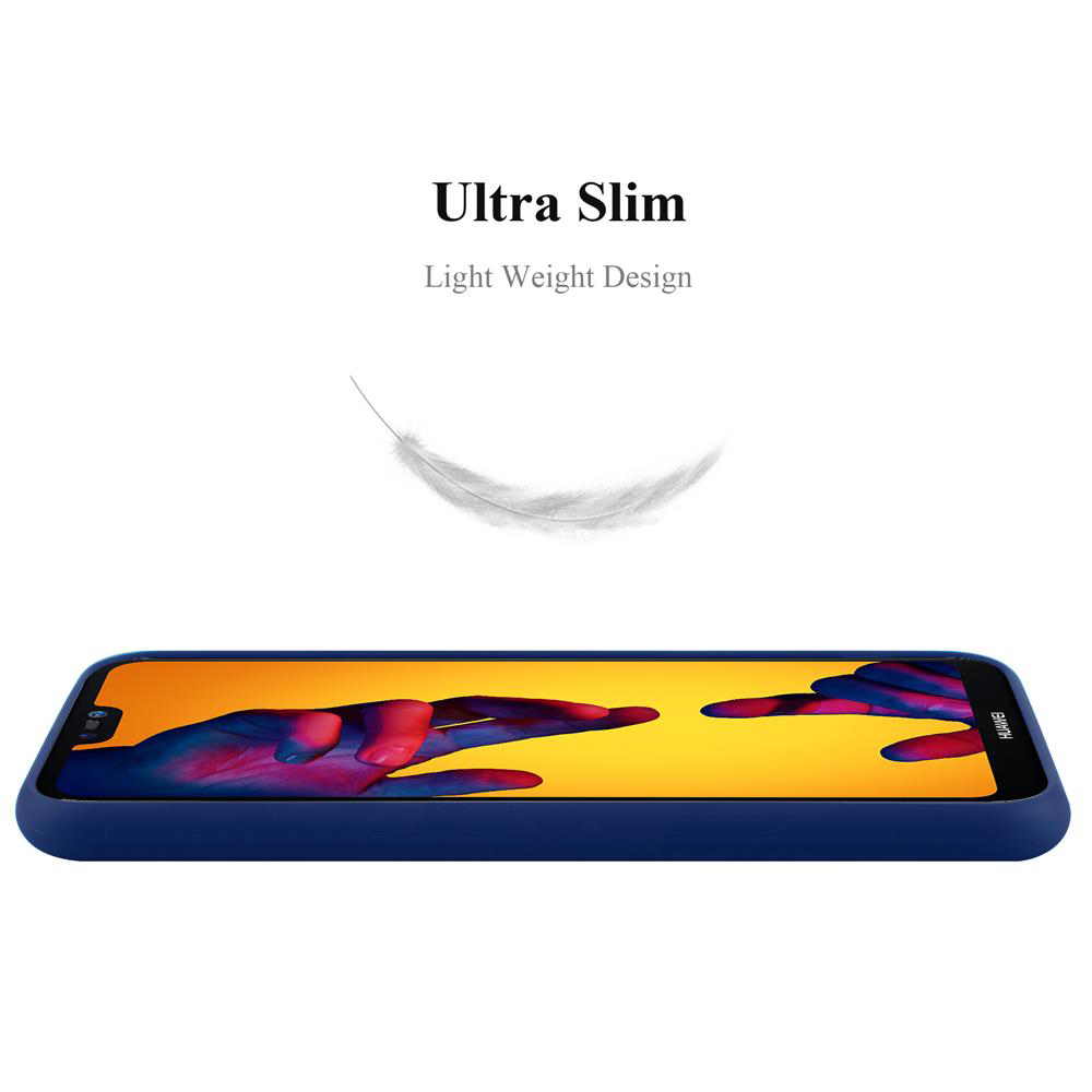 Custodia blu per telefono con un telefono dentro e una piuma che fluttua sopra.