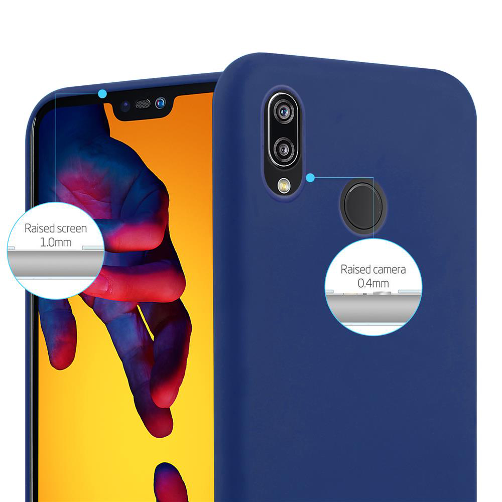 Custodia per telefono blu con annotazioni sullo schermo e sulla fotocamera. Sfondo bianco.