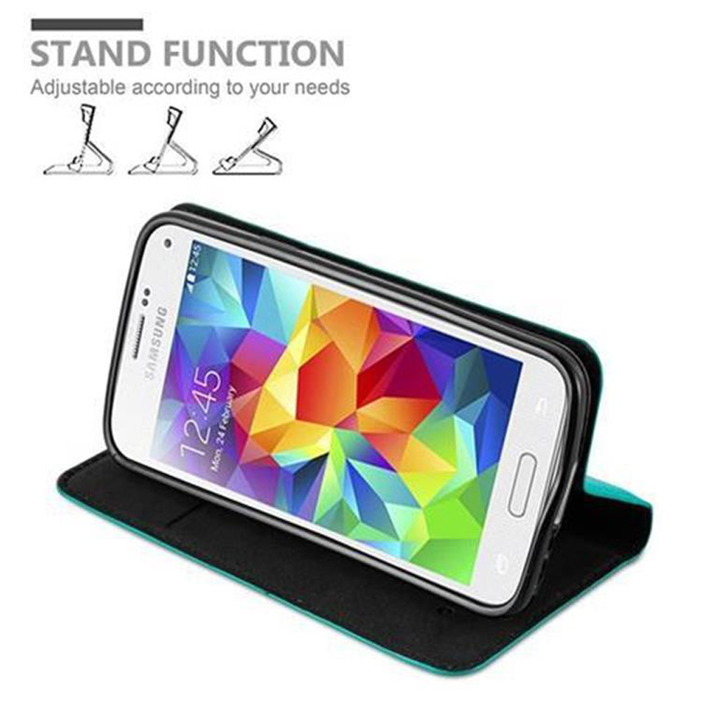 Un telefono in una custodia turchese è mostrato ad angolo. La custodia ha una funzione stand, con diagrammi.