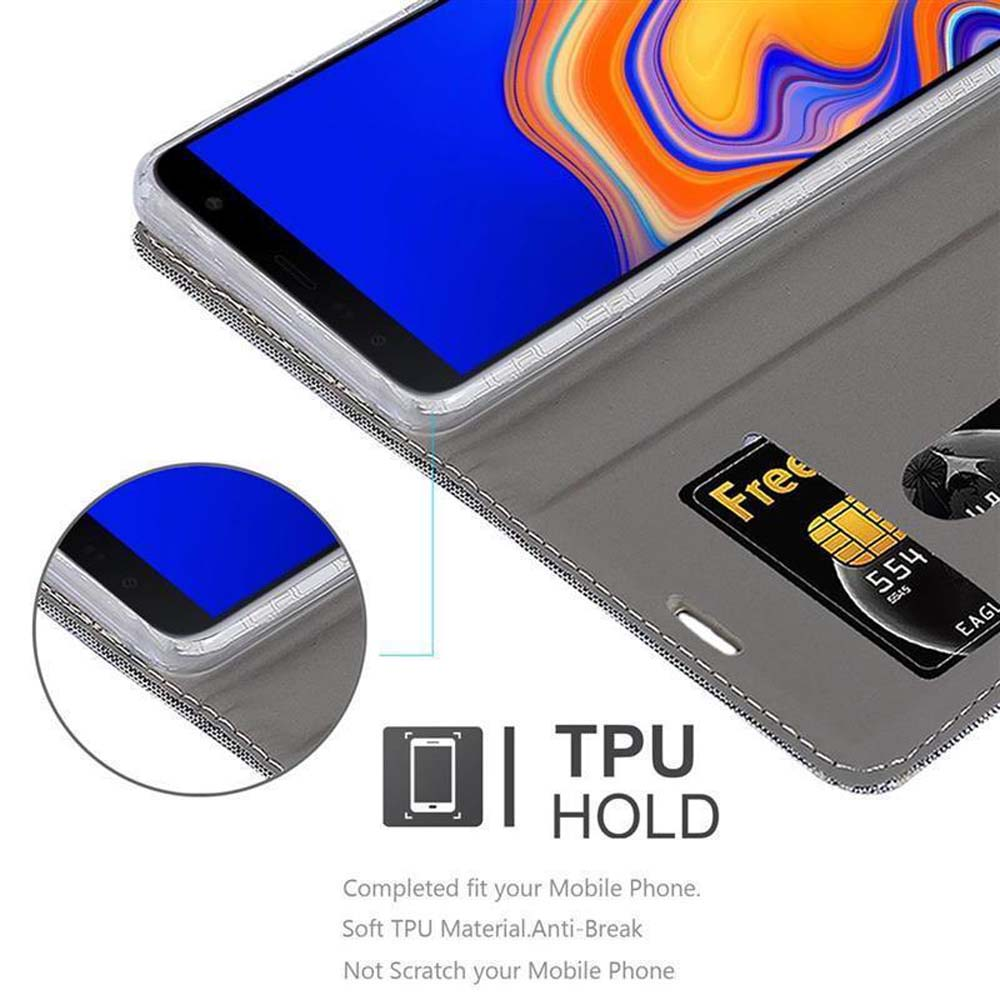 Eine Handyhülle mit einem Telefon darin. Eine Karte ist sichtbar. Die Hülle ist grau.