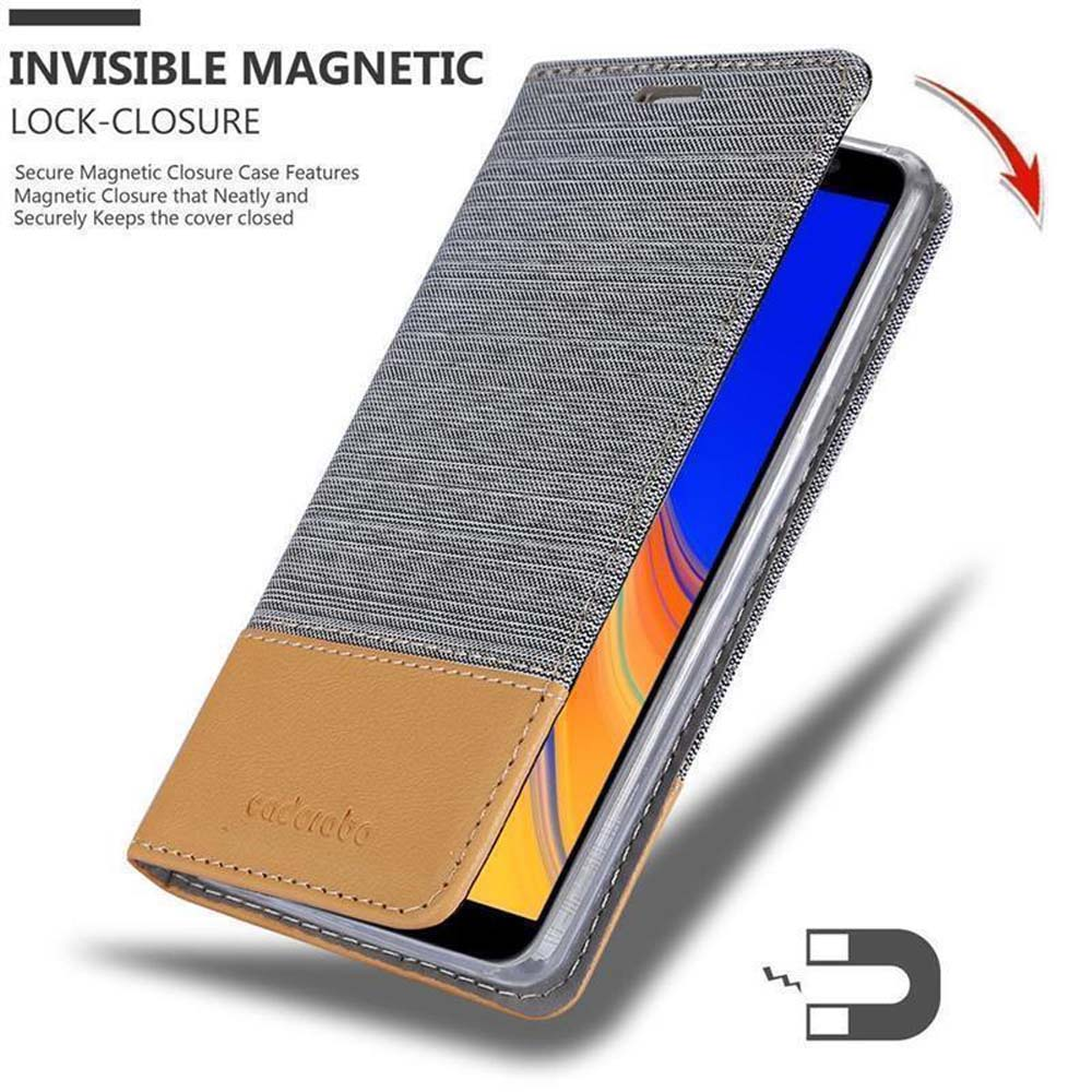 Geöffnete Handyhülle, mit grauem Oberteil und braunem Unterteil. Schlüsselwörter: unsichtbarer Magnetverschluss.