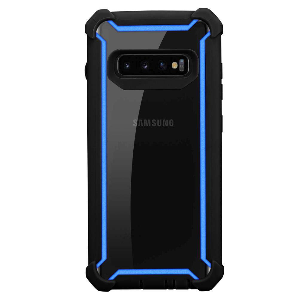 Schwarze Handyhülle mit blauem Rand, zeigt die Kamera des Telefons.