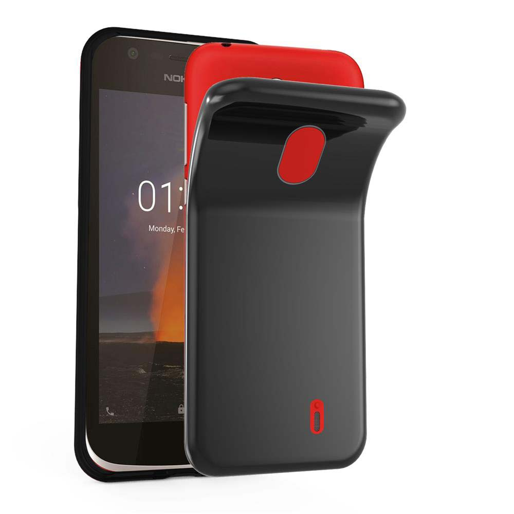 Una custodia nera per telefono con un pulsante rosso su sfondo bianco.