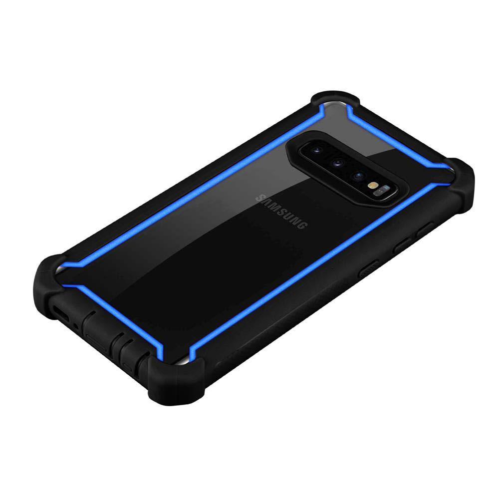 Eine schwarze Handyhülle mit blauen Akzenten und einem Samsung-Telefon darin.
