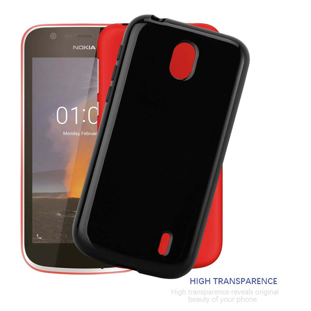 Telefono Nokia con custodia nera, retro rosso. Su superficie bianca.