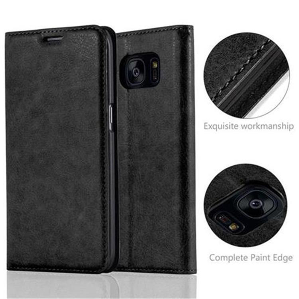 Schwarze Handyhülle. Sie öffnet sich, um das Telefon freizugeben, und zeigt ein exquisites Design.