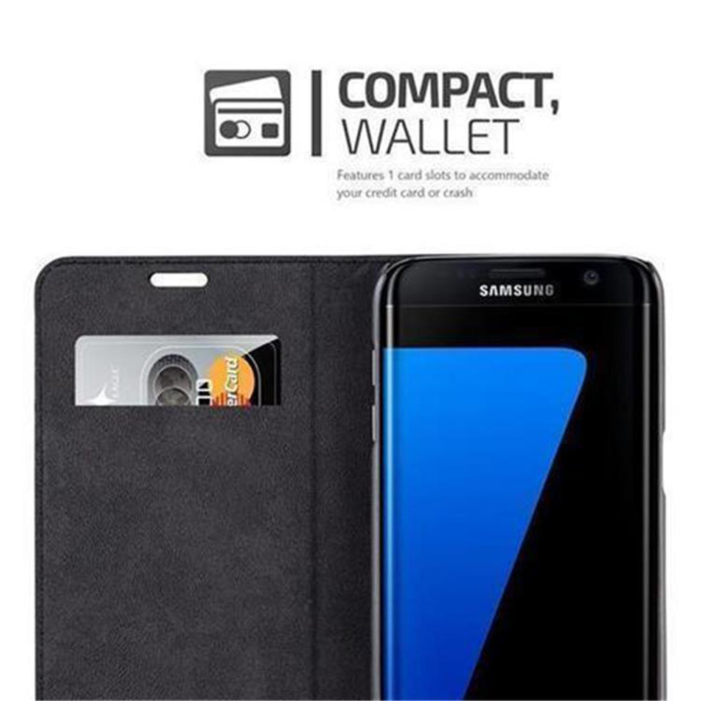 Schwarze Brieftaschentasche mit einem Samsung-Telefon und einem Kreditkartenfach. Weißer Hintergrund.