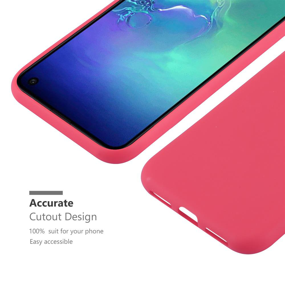 Custodia per telefono rosa, parte di un telefono visibile. Testo: Design preciso del ritaglio.