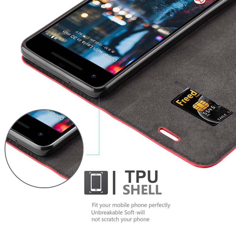 Eine rote Handyhülle offen mit Telefon, Seitenansicht mit Details.