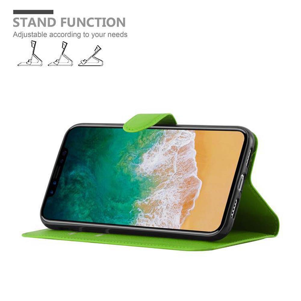 Grüne Handyhülle mit Telefon, mit verstellbarer Ständerfunktion. Grün-Schwarz-Farbschema.